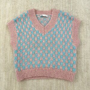 Zara Checkered Wool Alpaca V-Neck Sweater Vest S Blue Pink